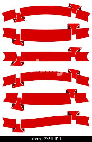 Set of six red cartoon ribbons for web design. Great design element isolated on white background. Vector illustration. Stock Vector