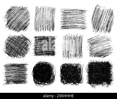 Squares hand drawn scribble big set. Set of abstract monochrome doodle stains isolated on white background. Vector illustration Stock Vector