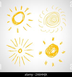 Hand drawn suns. Set of four simple sketch suns. Solar symbol. Yellow  doodle isolated on white background. Vector illustration. Stock Vector
