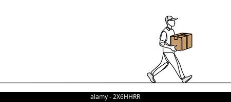 continuous one line drawing of parcel delivery. Young guy with a shopping delivery box on a white background Stock Vector
