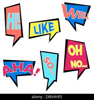 Set of six cartoon comic balloon speech bubbles in flat style. Elements of design comic books with different phrases. Vector illustration Stock Vector