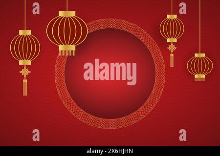Chinese new year, gold and red, template for greetings, banner, poster. 2025 Frame with round Chinese lantern  copy space Stock Vector