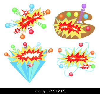 Colourful Pop Art 1960s flashes of an artist pallet, atomic charge, zoom flash, and explosion with halftone dots with copy space. Stock Photo