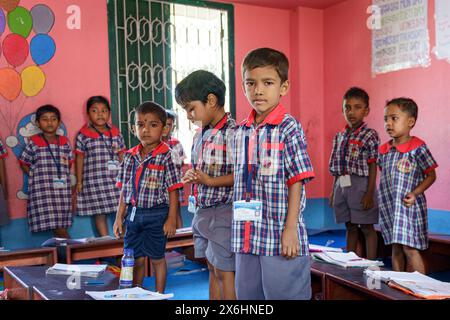 Kolkata, India - 20 October 2024: boys in uniform in a primary school classroom in an indian school. Concept of growth, education, inspiration and chi Stock Photo