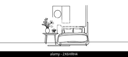 Continuous single line drawing of a double bed and table with a potted plant in a simple linear style. Vector illustration. Stock Vector