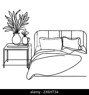 Continuous single line drawing of a double bed and table with a potted plant in a simple linear style. Vector illustration. Stock Vector