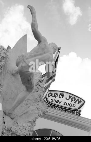 Ron Jon Surf Shop sign and surfer statue at Cocoa Beach, Florida, USA. Stock Photo