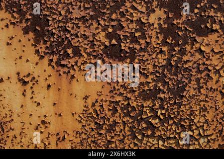 Textured surface of peeling paint on metal, featuring a gradient from brown to yellow with cracked patterns, symbolizing decay and aging Stock Photo