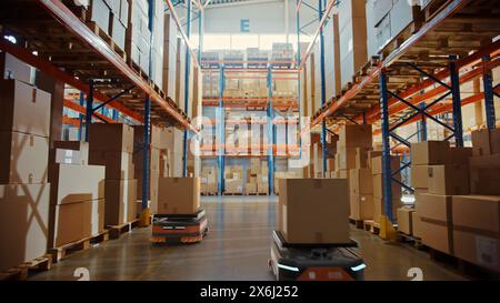 Future Technology 3D Concept: Automated Retail Warehouse AGV Robots with Infographics Delivering Cardboard Boxes in Distribution Logistics Center. Automated Guided Vehicles Goods, Products, Packages Stock Photo