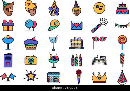 Set of birthday party colored icons. Outline of holiday food, decorations, surprises and invited guests. Color stroke icon kit isolated on white backg Stock Vector