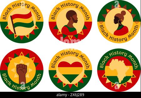 Black History Month badges set with the inscription. African-American History Month signs in red, yellow, and green colors dedicated to achievements b Stock Vector