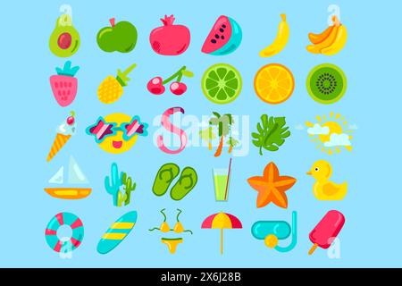 Summer seaside activity clipart collection vector. Exotic fruit, ice cream, summer accessories, sports and happy leisure on the beach. Hello Summer. S Stock Vector