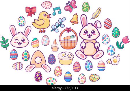 Large kit of gifts from surprises for Easter Day. Collection of colored eggs, funny Easter bunnies, plants and birds in bright spring colors. Set of m Stock Vector