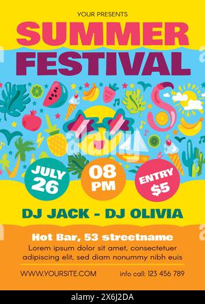 Summer festival banner vector. Music concert announcement and entertainment on the beach. Hello Summer feast. Unforgettable weekend at the warm seasid Stock Vector