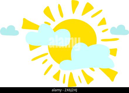 Hot summer sun hid behind clouds drawn by child. Bright childish careless sunny weather drawing for design of festive spring banner. Flat hand drawn v Stock Vector