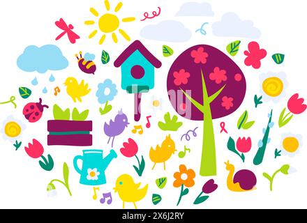 Large kit of spring plants, flowers and birds. Collection of blooming tulips, flying crawling insects, calling birds in bright summer colors. Set of m Stock Vector