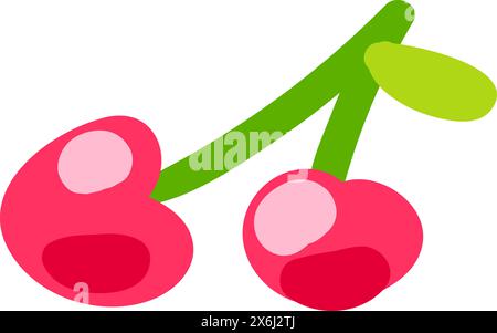 Sweet ripe cherry drawn by child. Bright childish careless cherry berries drawing for design of festive spring banner. Flat hand drawn vector element Stock Vector