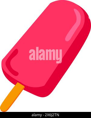 Glazed ice cream on stick drawn by child. Bright childish careless strawberry popsicle drawing for design of festive spring banner. Flat hand drawn ve Stock Vector