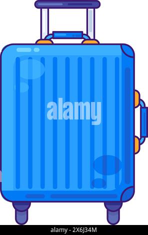 Accessories for transporting tourist luggage. Blue suitcase on wheels with handle. Summer holiday icon. Simple stroke vector element isolated on white Stock Vector