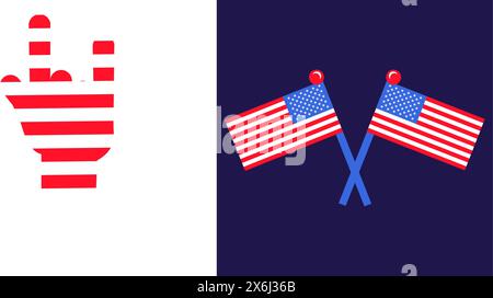 Crossed souvenir flags of USA on flagpole for solemn event, meeting foreign guests. National striped country symbol. Flat vector icon in national colo Stock Vector