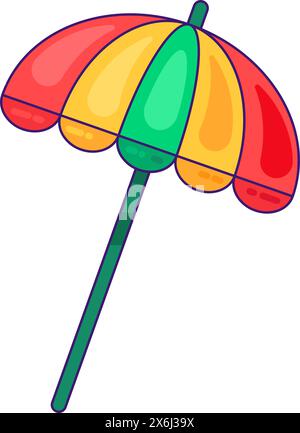 Beach parasol for sun protection. Multi colored beach umbrella on stick. Summer holiday icon. Simple stroke vector element isolated on white backgroun Stock Vector