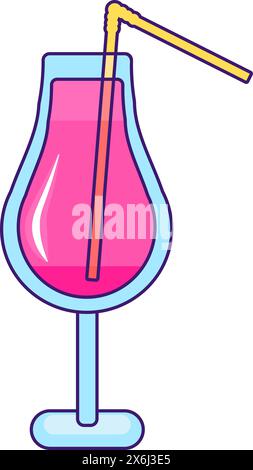 Tropical berry cocktail. Tall glass on thin stand with raspberry cocktail and straw. Summer holiday icon. Simple stroke vector element isolated on whi Stock Vector