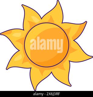 Yellow sun shines hotly with its rays. Bright summer sun. Summer holiday icon. Simple stroke vector element isolated on white background Stock Vector