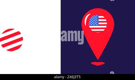 Red pointer on map, geographical landmark, important point at festival. Festive element, attributes of July 4th USA Independence Day. Flat vector icon Stock Vector