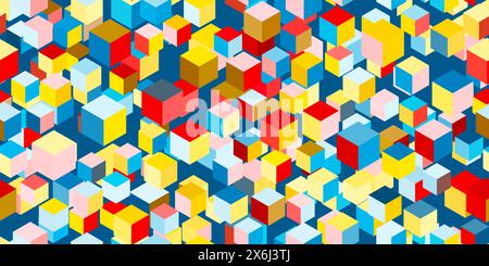 Abstract multicolor flying 3d cubes seamless pattern. Geometric vector background. Futuristic optical illusion Stock Vector