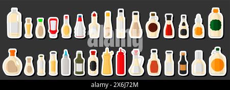 Illustration on theme big kit varied glass bottles filled liquid yogurt syrup, bottles consisting of yogurt syrup, empty labels for titles, yogurt syr Stock Vector
