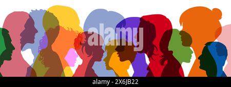Many people in profile as colorful silhouettes of their heads form society Panorama Stock Photo