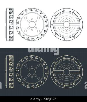 Stylized vector illustrations of blueprints of disc mill cutter Stock Vector