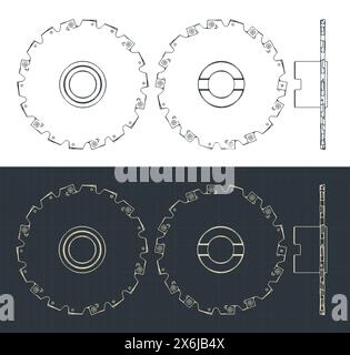 Stylized vector illustrations of blueprints of disc mill cutter Stock Vector