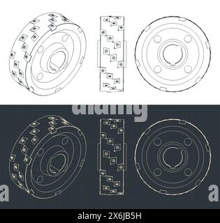 Stylized vector illustrations of blueprints of disc mill cutter Stock Vector