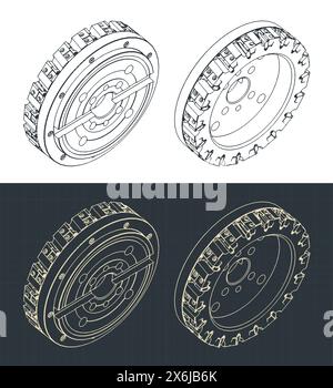 Stylized vector illustrations of isometric blueprints of disc mill cutter Stock Vector