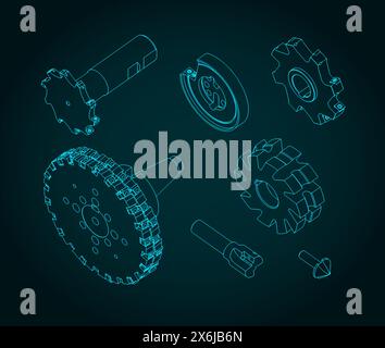 Stylized vector illustrations of isometric blueprints of different milling cutters Stock Vector