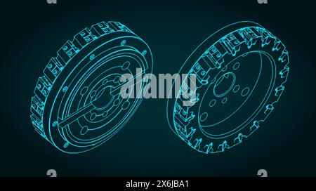 Stylized vector illustrations of isometric blueprints of disc mill cutter Stock Vector