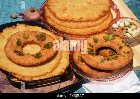 Image of babru bhalla,malpua traditional snack dishes of mandi himachal pradesh india, mark of festivals. Stock Photo