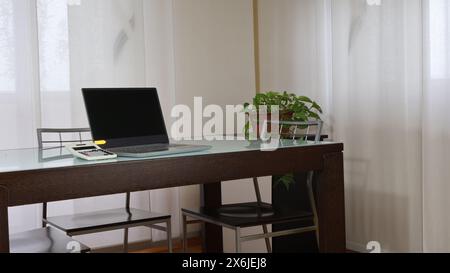 Table in office setting with computer and green plant Part of a series. Stock Photo