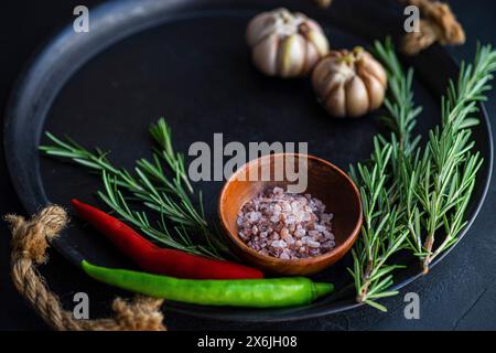 Spices and herbs on tray Stock Photo