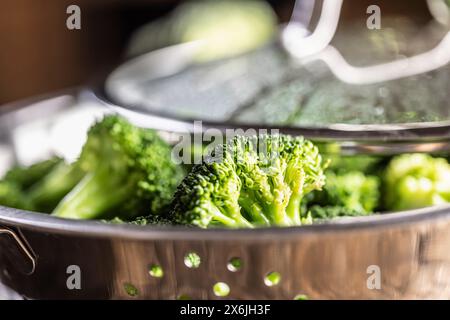 Steamed broccoli in stainless steel steamer Stock Photo