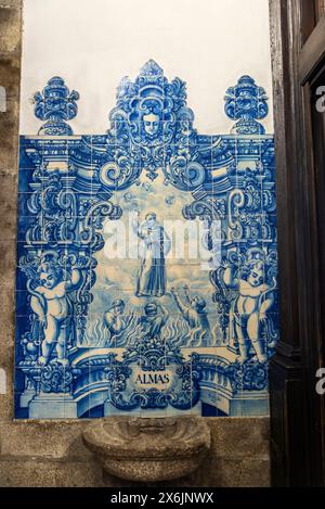 Interior of the Chapel of Santa Catarina, Chapel of Souls or Capela das Almas, decorated with  blue azulejo tiles in the old town of Oporto or Porto, Stock Photo