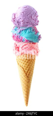 Triple scoop ice cream cone isolated on a white background. Pastel purple, blue and pink in a waffle cone. Stock Photo