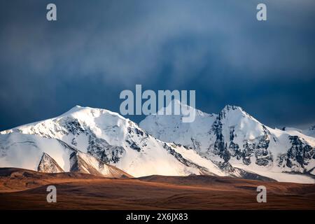 Glaciated and snow-covered mountains, dramatic landscape in the evening light with dark clouds, high plateau, autumnal mountain landscape with yellow Stock Photo