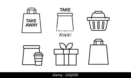 Vector Isolated Take Away Icon Set or Collection. Black and White Take Away Food Icon Set Stock Vector
