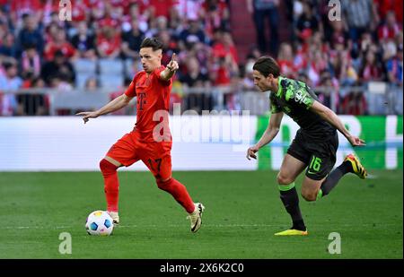 Bryan Zaragoza FC Bayern Munich FCB (17) Action on the ball against Jakub Kaminski VfL Wolfsburg (16) Allianz Arena, Munich, Bayern, Germany Stock Photo