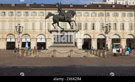 Piazza San Carlo in Turin with the Emanuele Filiberto of Savoy statue Stock Photo