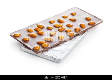 Chocolate bar with almonds isolated on a white background. Stock Photo