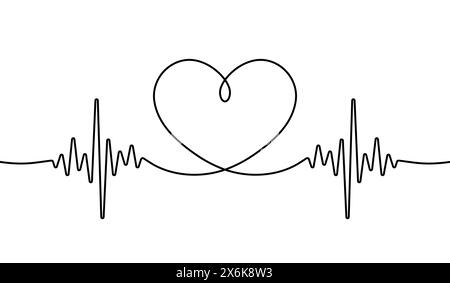 Heart beat one line. Continuous lines heart beats drawing. Wave pulse. Hand draw heartbeat. Design heartbeat for print. Black silhouette cardiogram Stock Vector