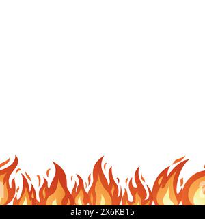 Fire flame seamless border. Bright fiery flames, heat wildfire, campfire red hot bonfire. Burning frame hand drawn isolated on white. Flat style seamless border burning frame. Vector illustration Stock Vector